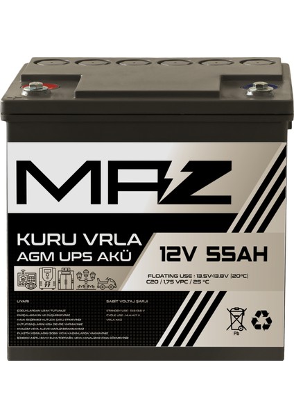 Maz Akü 12 Volt 55 Amper (Ah) Kuru Agm Vrla Güç Kaynağı Ups Akü