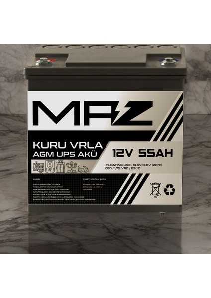 Maz Akü 12 Volt 55 Amper (Ah) Kuru Agm Vrla Güç Kaynağı Ups Akü