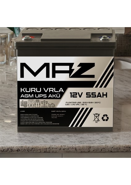 Maz Akü 12 Volt 55 Amper (Ah) Kuru Agm Vrla Güç Kaynağı Ups Akü