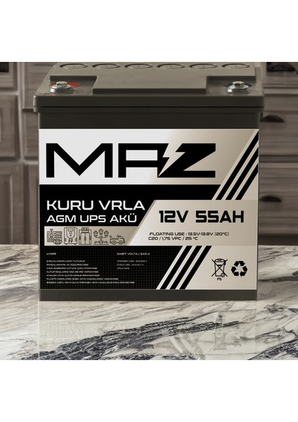 Maz Akü 12 Volt 55 Amper (Ah) Kuru Agm Vrla Güç Kaynağı Ups Akü