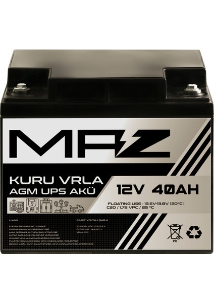 12 Volt 40 Amper (Ah) Kuru Agm Vrla Güç Kaynağı Ups Akü
