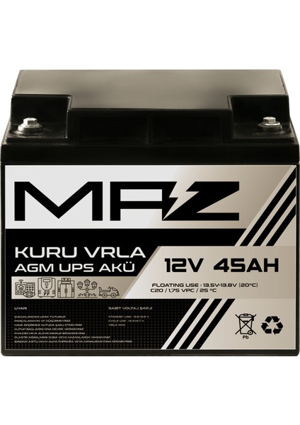 12 Volt 45 Amper (Ah) Kuru Agm Vrla Güç Kaynağı Ups Akü