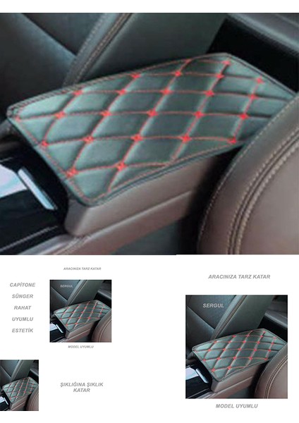 Seat Leon Mk3 2013 ve Sonrası Deri Oto Kolçak Kılıfı Örtüsü Capitone Süngerli Kırmızı Nakışlı modelleri