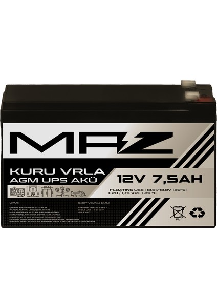 Maz Akü 12 Volt 7,5 Amper (Ah) Kuru Agm Vrla Güç Kaynağı Ups Akü