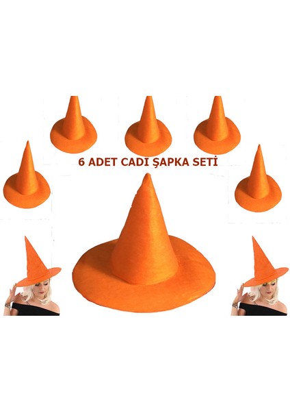 Parti Aksesuar Turuncu Renk Keçe Cadı Şapkası Yetişkin Çocuk Uyumlu 6 Adet