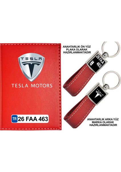 Plakanıza Özel Tesla Logolu Kırmızı Ruhsat Kabı ve Anahtarlık