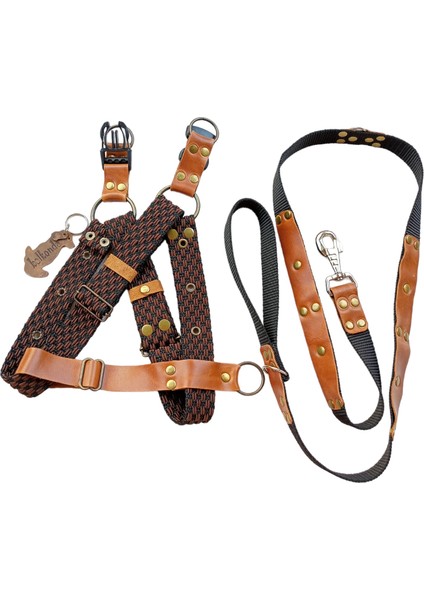 Köpek göğüs tasması gezdirme kayışlı takım hakiki deri kolon genişliik:2,5cm göğüs ölçüsü:40-60cm ayarlamalı gezdirme kayışı:125cm dog harness TB5-12