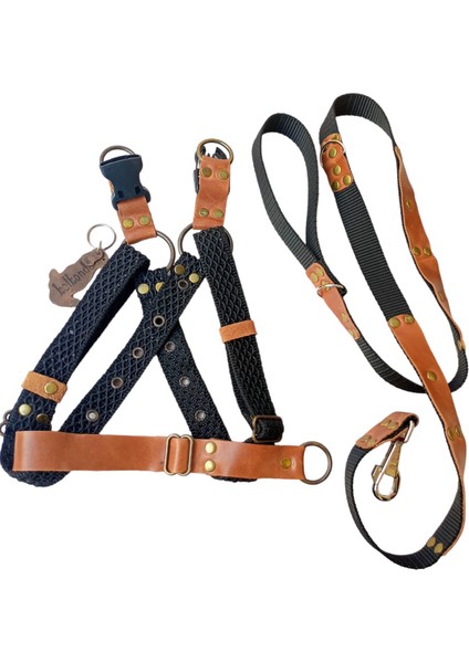 köpek göğüs tasması gezdirme kayışlı set deri kolon siyah taba göğüs ölçüsü:40-70cm ayarlamalı gezdirme kayışı:125cm dog harness TB5-13