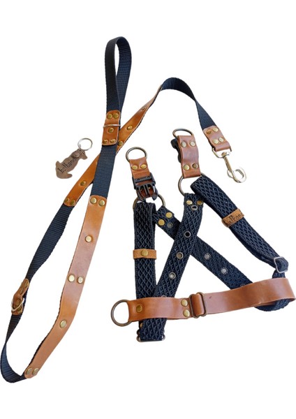 köpek göğüs tasması gezdirme kayışlı set deri kolon siyah taba göğüs ölçüsü:40-70cm ayarlamalı gezdirme kayışı:125cm dog harness TB5-13