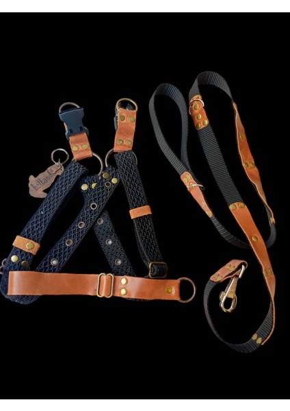 köpek göğüs tasması gezdirme kayışlı set deri kolon siyah taba göğüs ölçüsü:40-70cm ayarlamalı gezdirme kayışı:125cm dog harness TB5-13