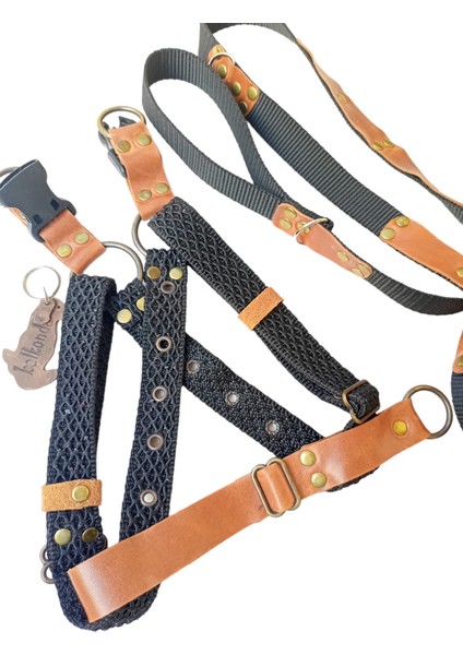 köpek göğüs tasması gezdirme kayışlı set deri kolon siyah taba göğüs ölçüsü:40-70cm ayarlamalı gezdirme kayışı:125cm dog harness TB5-13