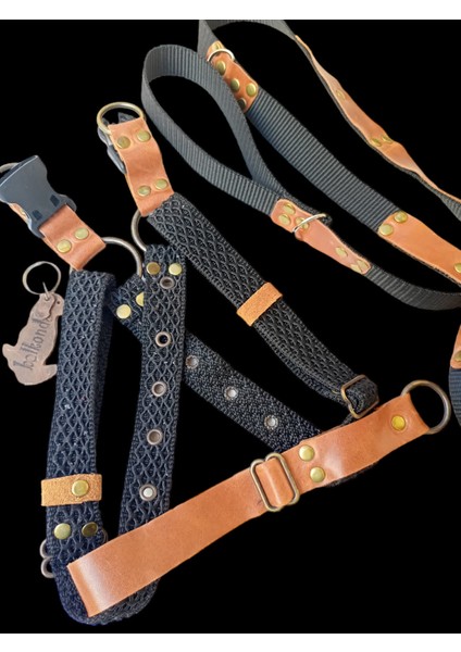 köpek göğüs tasması gezdirme kayışlı set deri kolon siyah taba göğüs ölçüsü:40-70cm ayarlamalı gezdirme kayışı:125cm dog harness TB5-13