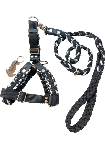 Köpek göğüs tasması kayışlı set siyah paracort örgülü göğüs ölçüsü:25-60cm ayarlamalı gezdirme kayışı:120cm dog harness TB6-5