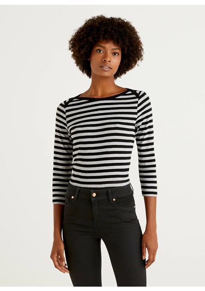 Bisiklet Yaka Regular Fit Çizgili Gri Kadın T-Shirt 3OA6E16A1