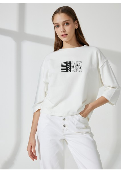 Yuvarlak Yaka Baskılı Ekru Kadın Sweatshirt DT10245 Denim Trip Yuvarlak Yaka Ra
