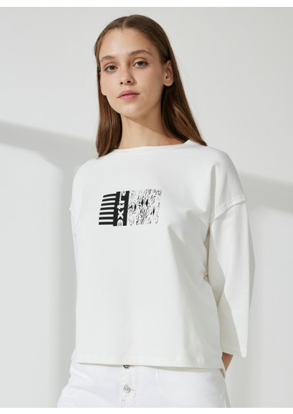 Yuvarlak Yaka Baskılı Ekru Kadın Sweatshirt DT10245 Denim Trip Yuvarlak Yaka Ra fırsatları