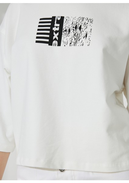 Yuvarlak Yaka Baskılı Ekru Kadın Sweatshirt DT10245 Denim Trip Yuvarlak Yaka Ra indirimleri