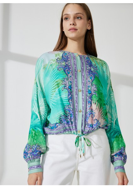 Bisiklet Yaka Desenli Mint Kadın Bluz 74PBL234