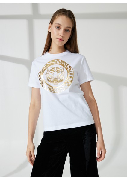 Just Cavalli Bisiklet Yaka Baskılı Beyaz Kadın T-Shirt 74PBHF03