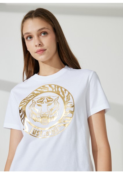 Just Cavalli Bisiklet Yaka Baskılı Beyaz Kadın T-Shirt 74PBHF03