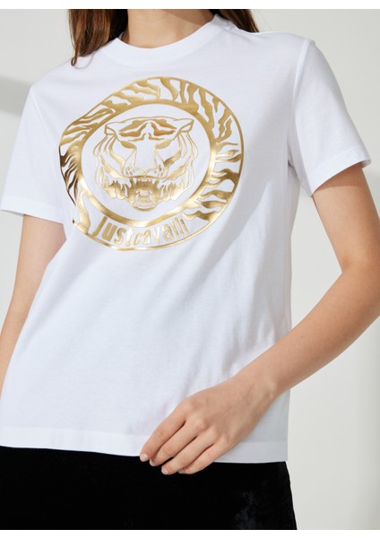 Just Cavalli Bisiklet Yaka Baskılı Beyaz Kadın T-Shirt 74PBHF03