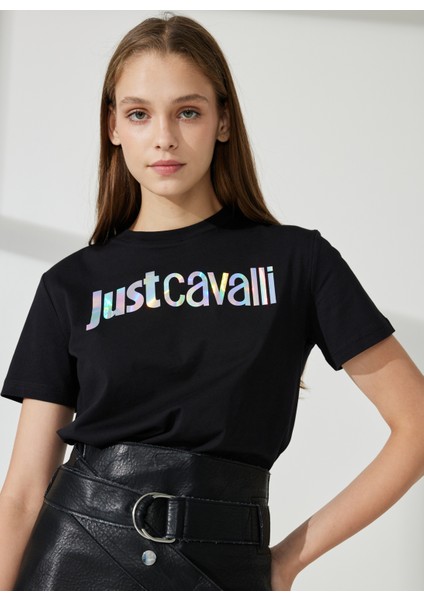 Just Cavalli Bisiklet Yaka Baskılı Siyah Kadın T-Shirt 74PBHG00