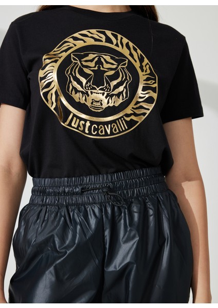 Just Cavalli Bisiklet Yaka Baskılı Siyah Kadın T-Shirt 74PBHF03