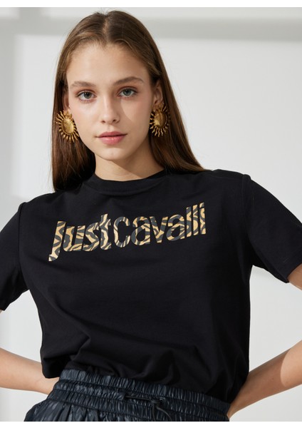 Bisiklet Yaka Baskılı Siyah Kadın T-Shirt 74PBHG03