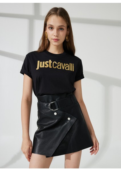 Just Cavalli Bisiklet Yaka Baskılı Siyah Kadın T-Shirt 74PBHF00