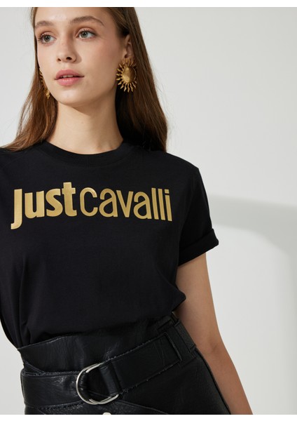 Just Cavalli Bisiklet Yaka Baskılı Siyah Kadın T-Shirt 74PBHF00