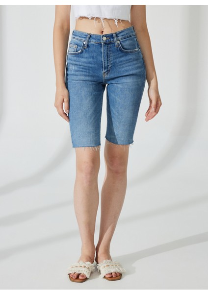Yüksek Bel Slim Fit Indigo Kadın Denim Şort DT10360 Slim Fit Yüksek Bel Bermuda fiyatları
