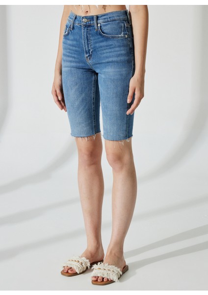 Yüksek Bel Slim Fit Indigo Kadın Denim Şort DT10360 Slim Fit Yüksek Bel Bermuda modelleri