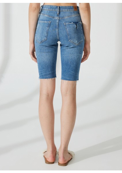 Yüksek Bel Slim Fit Indigo Kadın Denim Şort DT10360 Slim Fit Yüksek Bel Bermuda indirimleri