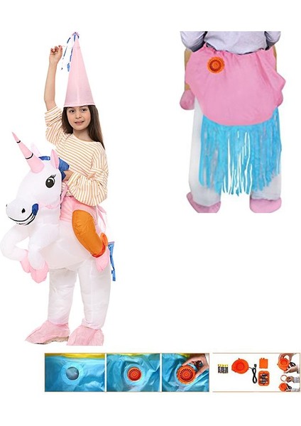 Şişme Maskot Unicorn Kostümü Pilli Tek Boynuz At Kıyafeti Çocuk (5-11 Yaş )Hallowhawai