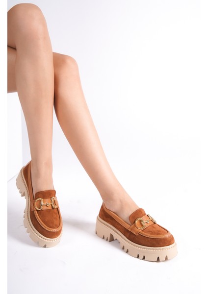 MB1170-TB Kalın Taban Lüx Süet Tokalı Taba Kadın Kolej Loafer