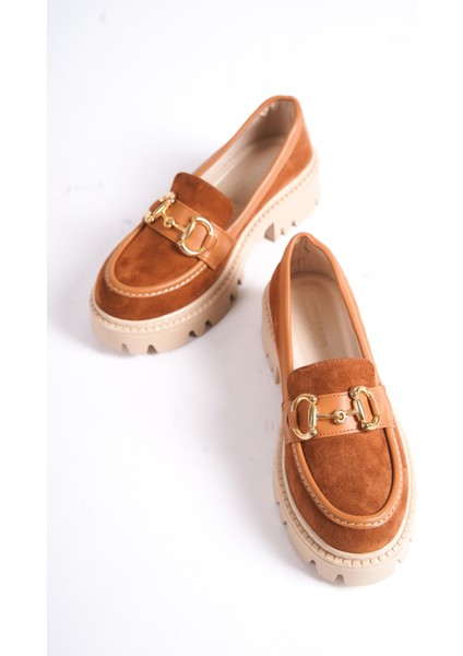 MB1170-TB Kalın Taban Lüx Süet Tokalı Taba Kadın Kolej Loafer