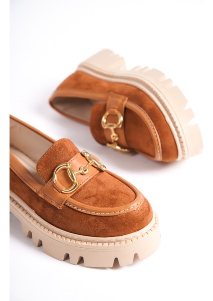 MB1170-TB Kalın Taban Lüx Süet Tokalı Taba Kadın Kolej Loafer