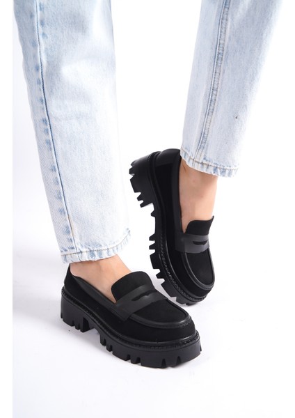 MB1190-S Kalın Taban Lüx Süet Siyah Kadın Kolej Loafer