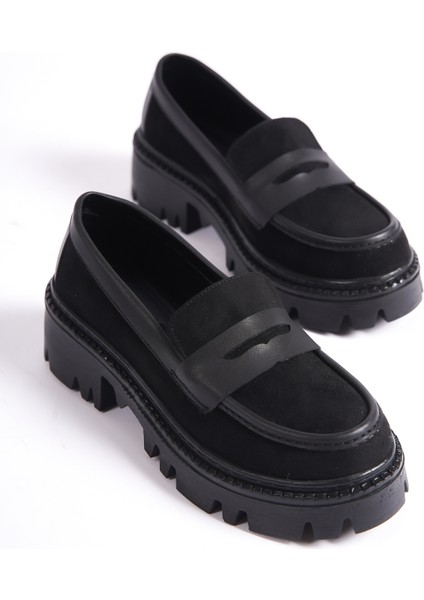 MB1190-S Kalın Taban Lüx Süet Siyah Kadın Kolej Loafer