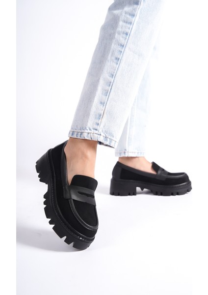 MB1190-S Kalın Taban Lüx Süet Siyah Kadın Kolej Loafer