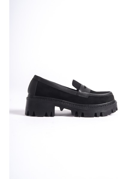 MB1190-S Kalın Taban Lüx Süet Siyah Kadın Kolej Loafer