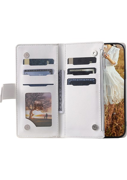 Apple iPhone Xs Maks Telefon Kılıfı Zipper Cep Deri Kılıfı, Rhombus Doku Stand Omuz Kayışı ve El Kayışı Beyaz Stand Şok Geçirmez (Yurt Dışından)