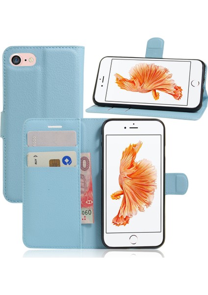 Litchi Grain Deri Cüzdan Kılıfı Flip Folio Stand Koruyucu Kapak Apple iPhone Se 2. Gen-Blue (Yurt Dışından)