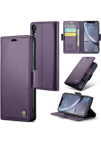 Apple iPhone Xr Litchi Doku Deri Cüzdan Flip Stand Case Rfıd Engelleme Telefon Kapak-Moral (Yurt Dışından)
