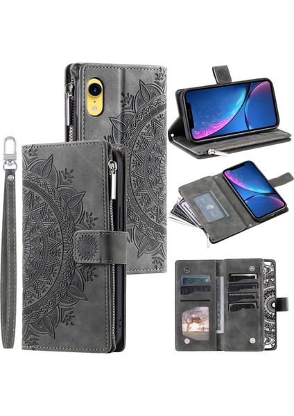 Apple iPhone Xr Mandala Çiçek Baskılı Pu Deri Kılıf Manyetik Çanta Fermuar Cep Stand Cüzdan Strap-Grey ile Çoklu Kart Yuvaları Telefon Kapağı (Yurt Dışından)
