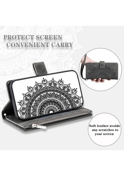 Apple iPhone Xr Mandala Çiçek Baskılı Pu Deri Kılıf Manyetik Çanta Fermuar Cep Stand Cüzdan Strap-Grey ile Çoklu Kart Yuvaları Telefon Kapağı (Yurt Dışından)