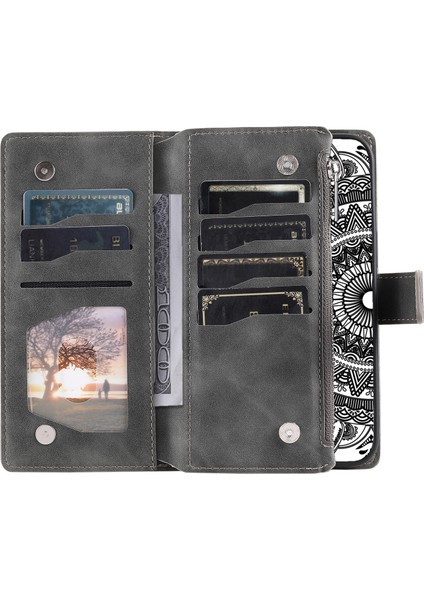 Apple iPhone Xr Mandala Çiçek Baskılı Pu Deri Kılıf Manyetik Çanta Fermuar Cep Stand Cüzdan Strap-Grey ile Çoklu Kart Yuvaları Telefon Kapağı (Yurt Dışından)