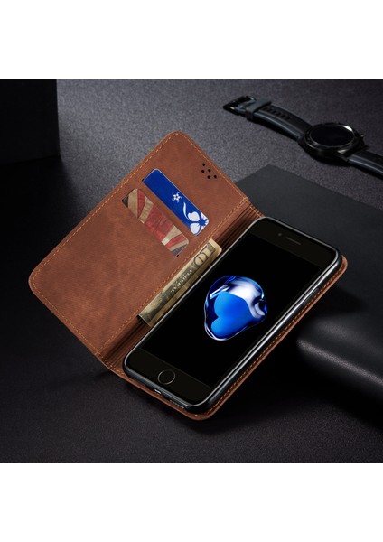 Kot Kumaş Doku Apple iPhone 6/6s-Kahverengi Için Retro Tarzı Deri Kasa (Yurt Dışından)