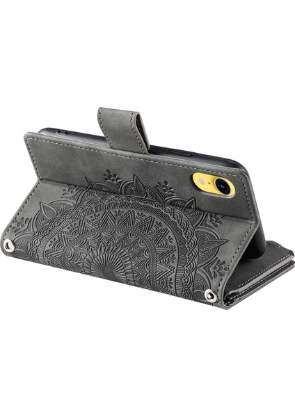 Apple iPhone Xr Mandala Çiçek Baskılı Pu Deri Kılıf Manyetik Çanta Fermuar Cep Stand Cüzdan Strap-Grey ile Çoklu Kart Yuvaları Telefon Kapağı (Yurt Dışından)