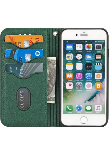 Otomatik Emilmiş Dokuma Doku Cüzdanı Bilek Kayış Deri Kapak Kasası Için Apple iPhone Se-Yeşil (Yurt Dışından)